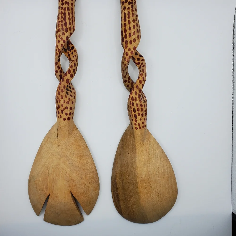 Hand Carved Wood Salad Servers Spoon And Fork Set Cheetah Hand Painted